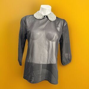 Dizzy Lizzy Black Shear Shirt Pearl Collar 3/4 Sleeve Size Small